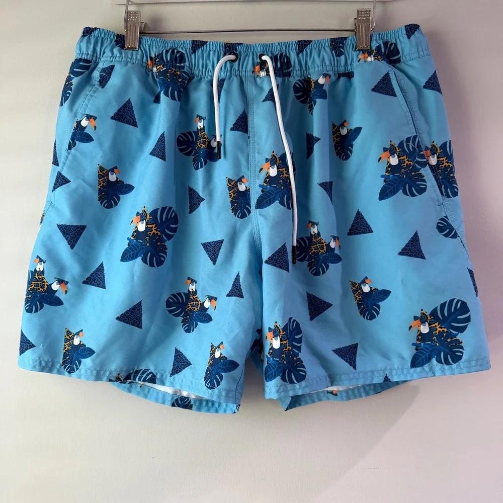 Oakley Swim Trunks Men L Light Blue Excellent Tropical Toucan Print Mesh Lined